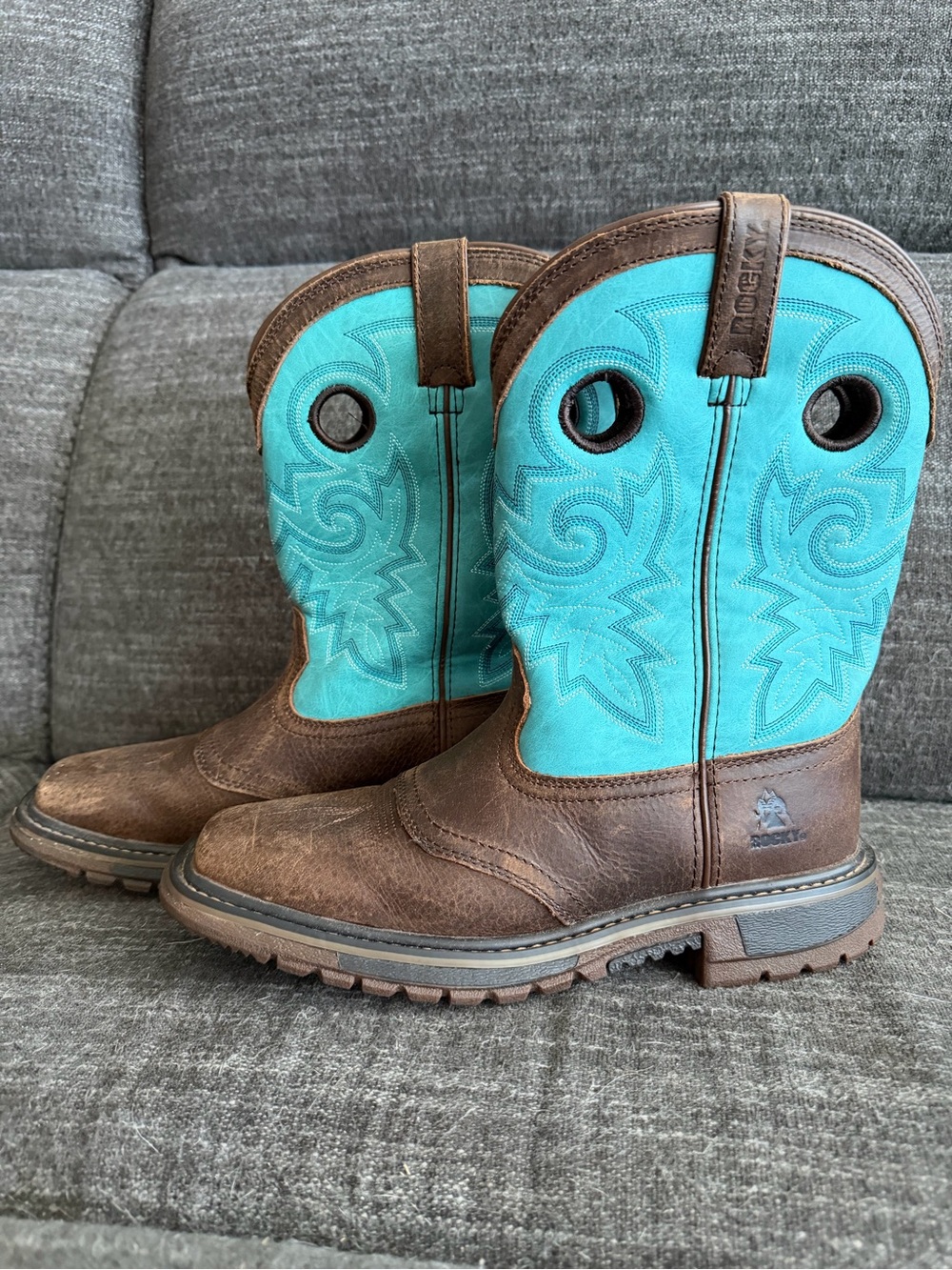 Rocky Brown Leather Boots with Turquoise Shaft for Women